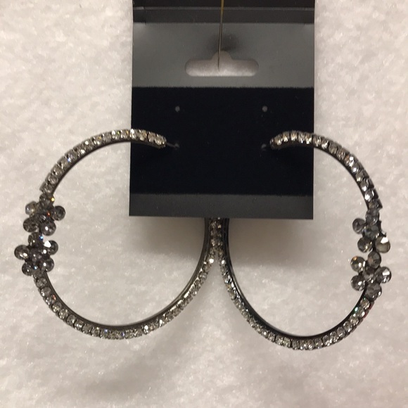 New 2 inch Rhinestone hoop earrings sparkle stones on gun metal color hoop - Picture 8 of 8